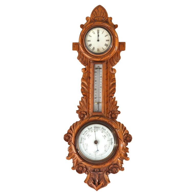 Antique Aneroid Carved Oak Nautical Themed Barometer Clock C1900