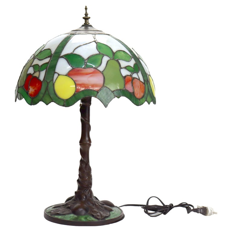 Arts & Crafts Leaded Stained Glass Table Lamp with Fruit Design 20thC