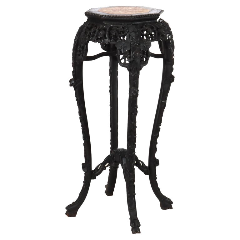 Antique Chinese Floral Carved Rosewood Stand with Rouge Marble Top C1920