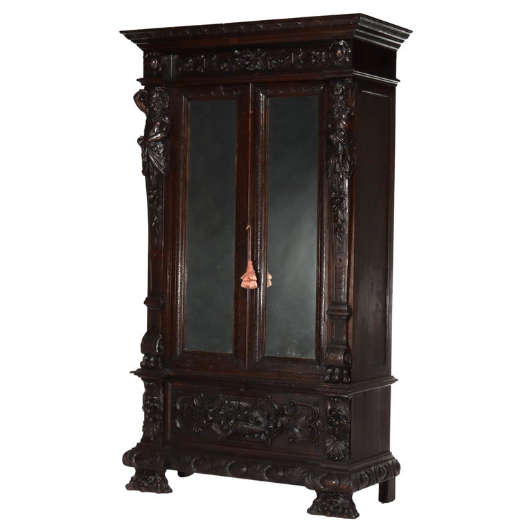Antique Italian Baroque Heavily Figural Carved Walnut Armoire C1890