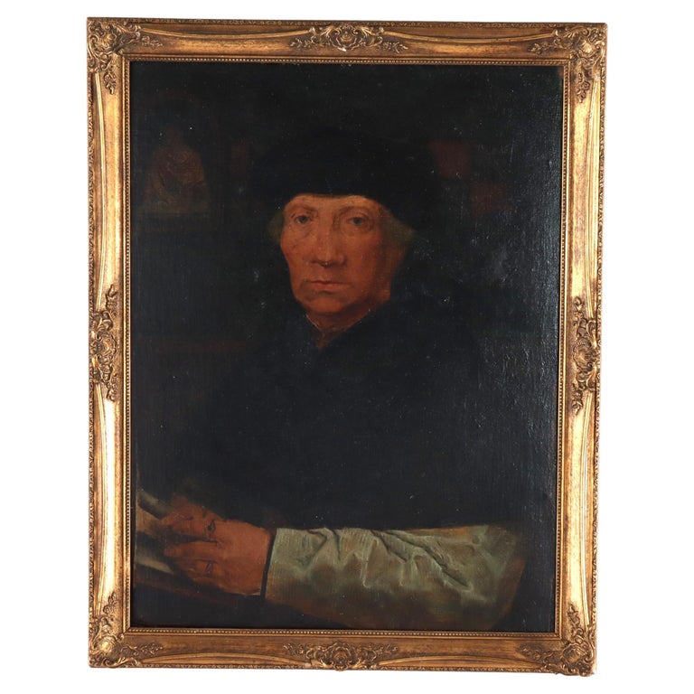 Large Hans Holbein School Oil on Board Portrait by Quentin Matsys C1885