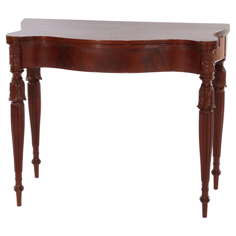 Antique Sheraton Federal Acanthus Carved Mahogany Serpentine Game Table C1830