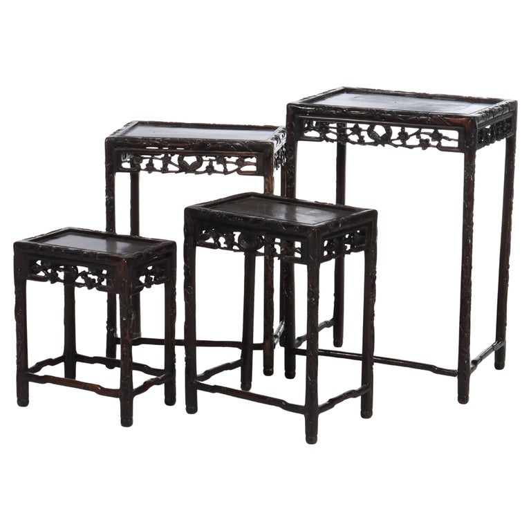 Set of 4 Antique Chinese Floral & Figural Carved Hardwood Nesting Tables