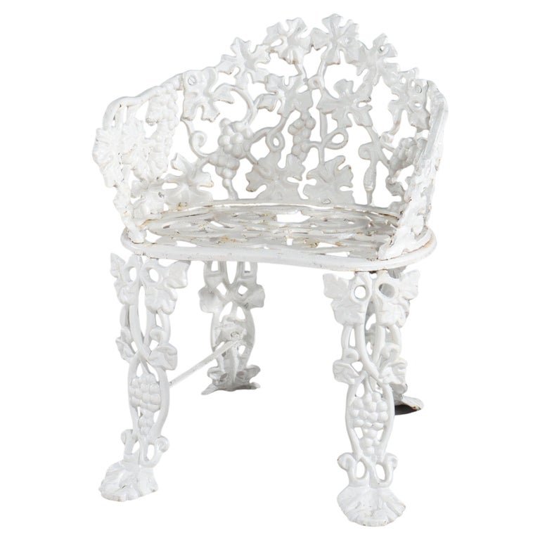Antique White Painted Wrought Iron Grape & Leaf Garden Seat c1890