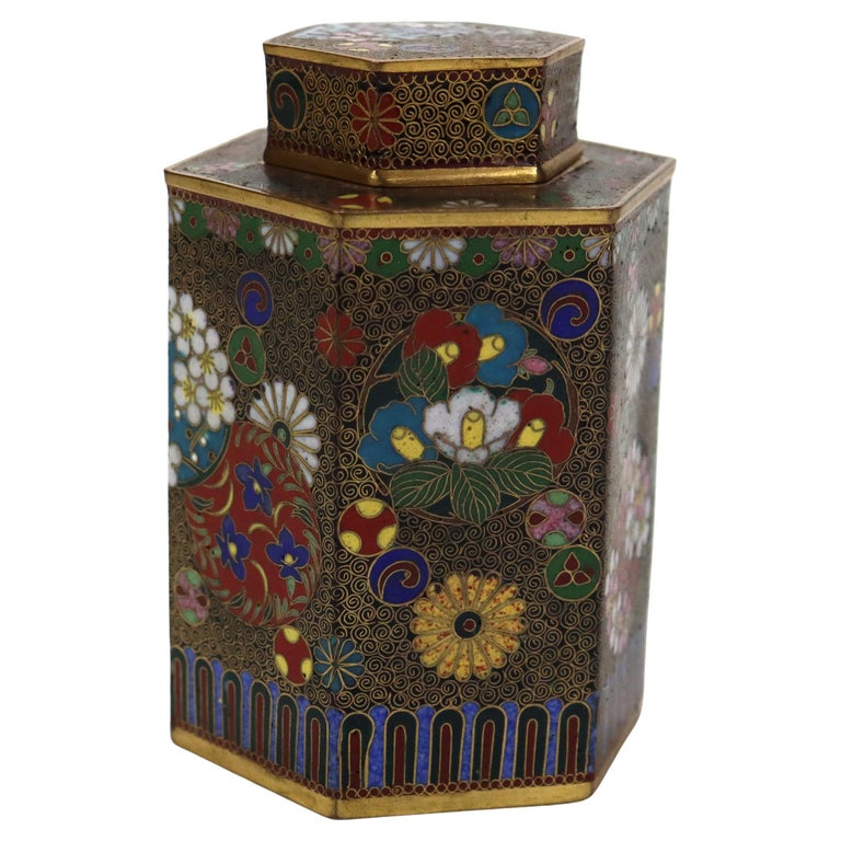 Antique Chinese Cloisonne Enameled Tea Caddy with Garden Flowers C1900