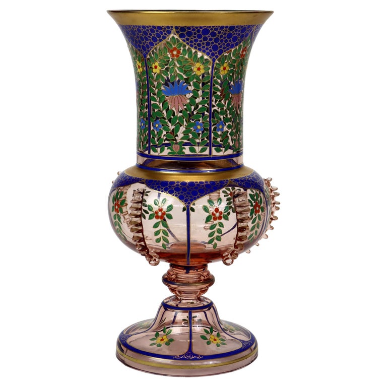 Antique Bohemian Floral Polychrome Enameled Glass Vase 19thC