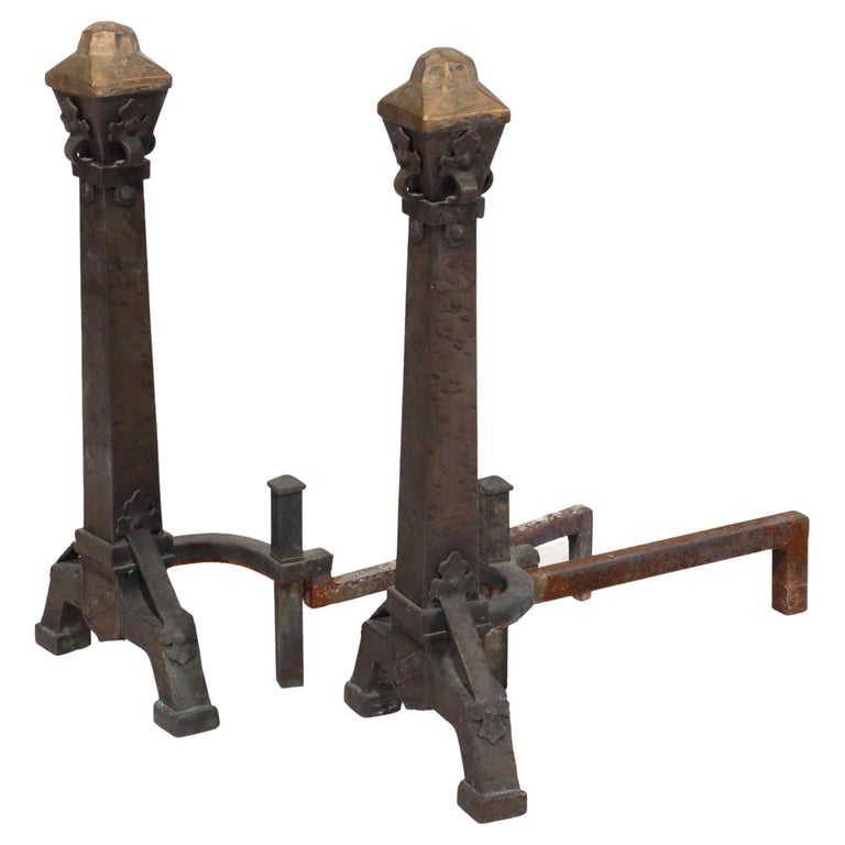 Pair of Antique Arts & Crafts Hammered Copper & Wrought Iron Andirons c1910