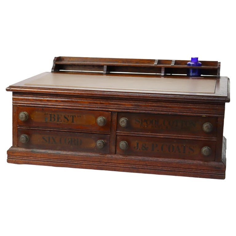 Antique J & P Coats Oak Four-Drawer Lift-Top Spool Cabinet Signed C1890