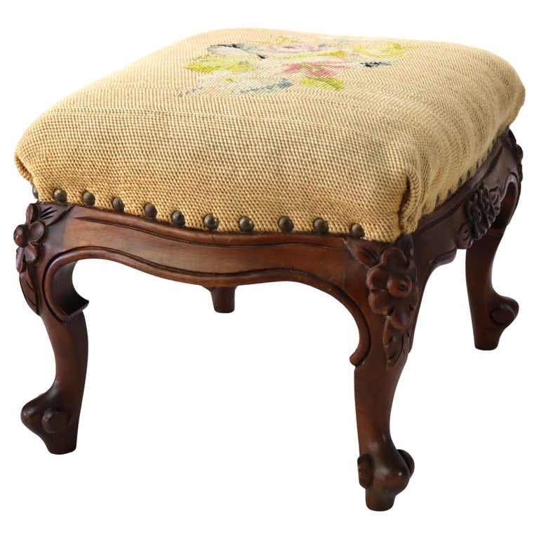 Antique Louis XIV Style Carved Walnut & Tapestry Footstool C1890