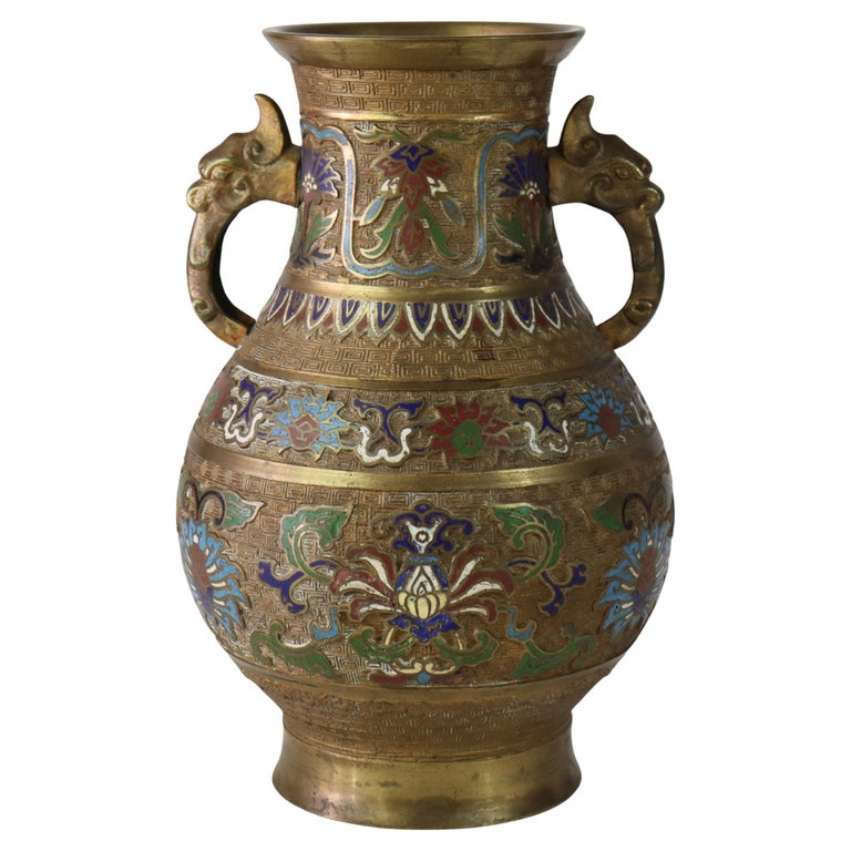 Antique Chinese Enameled Vase with Figural Handles Signed C1890