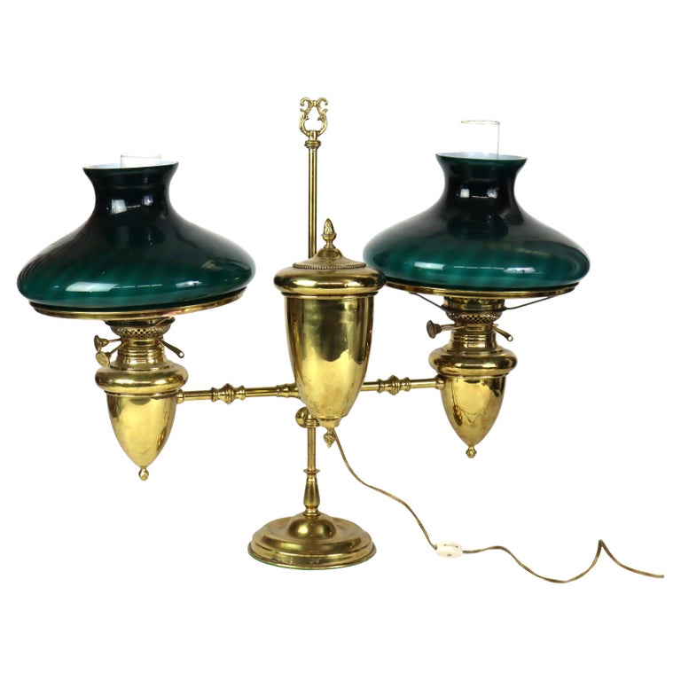 Antique Brass Double Student Lamp With Emerald Case Shades c1910