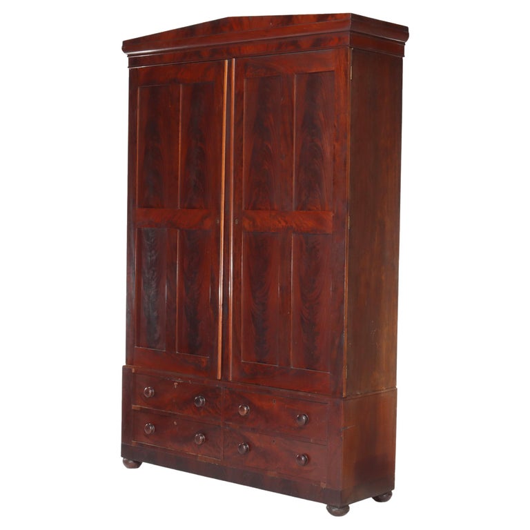 Antique Boston Federal Mahogany Two-Door Four-Drawer Linen Press c1850