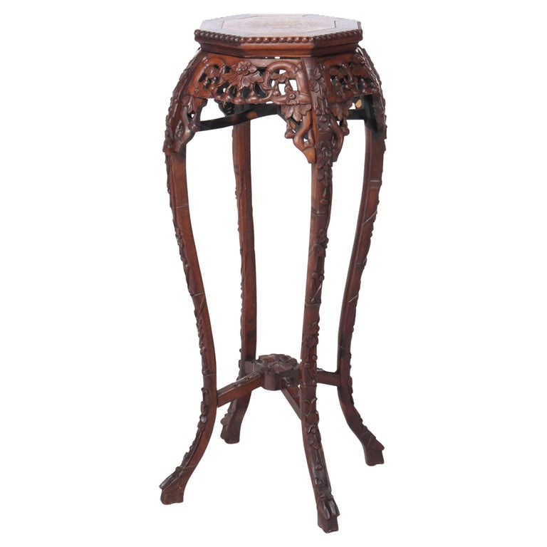 Antique Chinese Floral Carved Hardwood Stand With Rouge Marble Top c1920