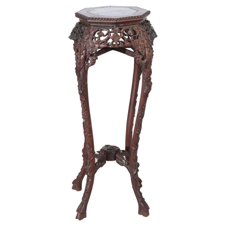 Antique Chinese Floral Carved Hardwood Marble Top Stand C1910