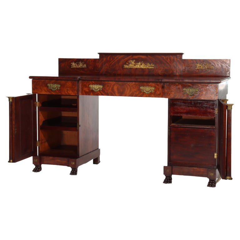 Antique Boston Period Napoleonic Flame Mahogany Double Pedestal Sideboard c1820