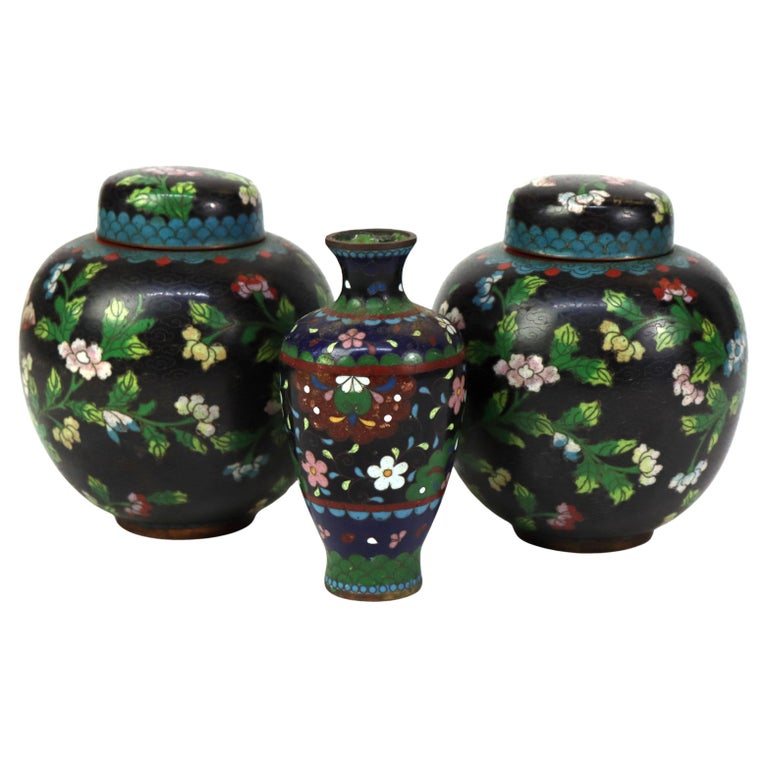 Three Antique Japanese Cloisonne: 2 Ginger Jars & 1 Vase Unsigned C1920