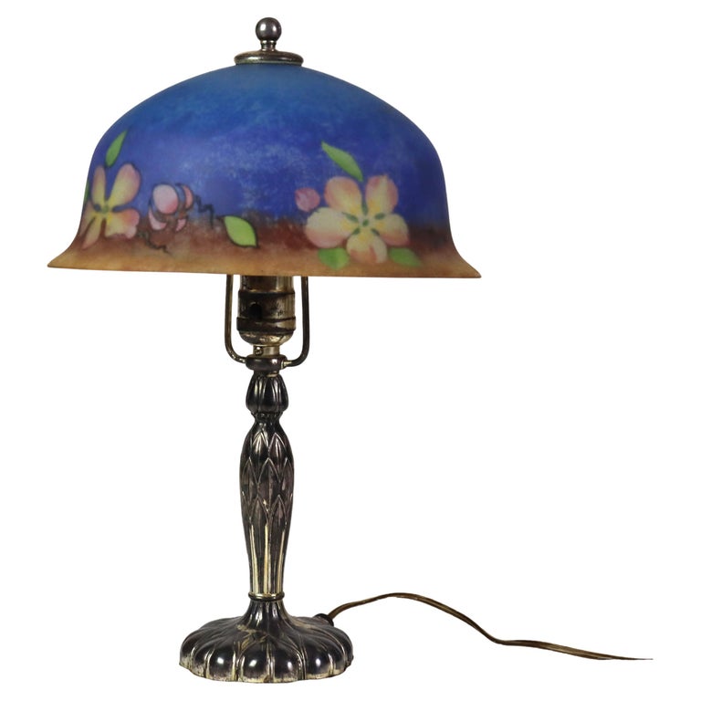 Antique Pairpoint Reverse Painted Flower & Butterfly Table Lamp Signed c1920