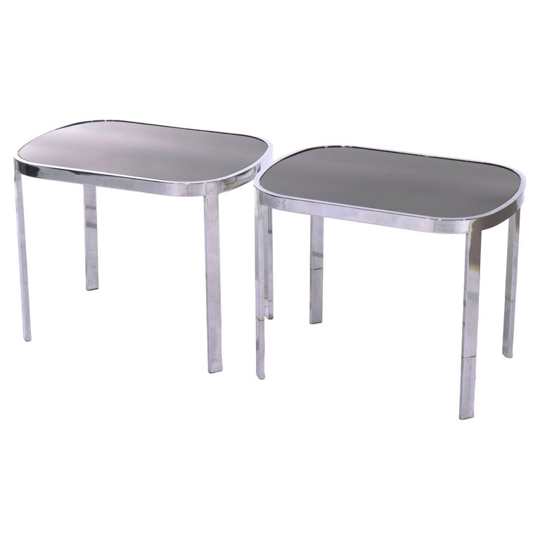 Pair Of Vintage Mid Century Modern Chrome & Ebonized Glass Top Tables C1960