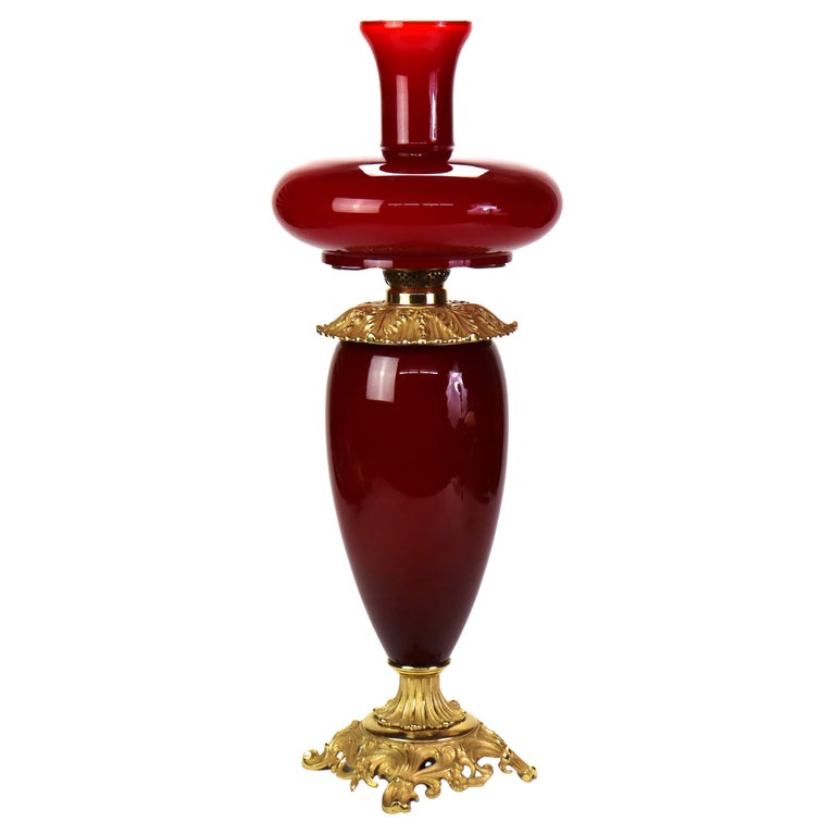 Antique E.M. & Co. Apollo Red Cased Glass Gone With The Wind Oil Lamp c1900