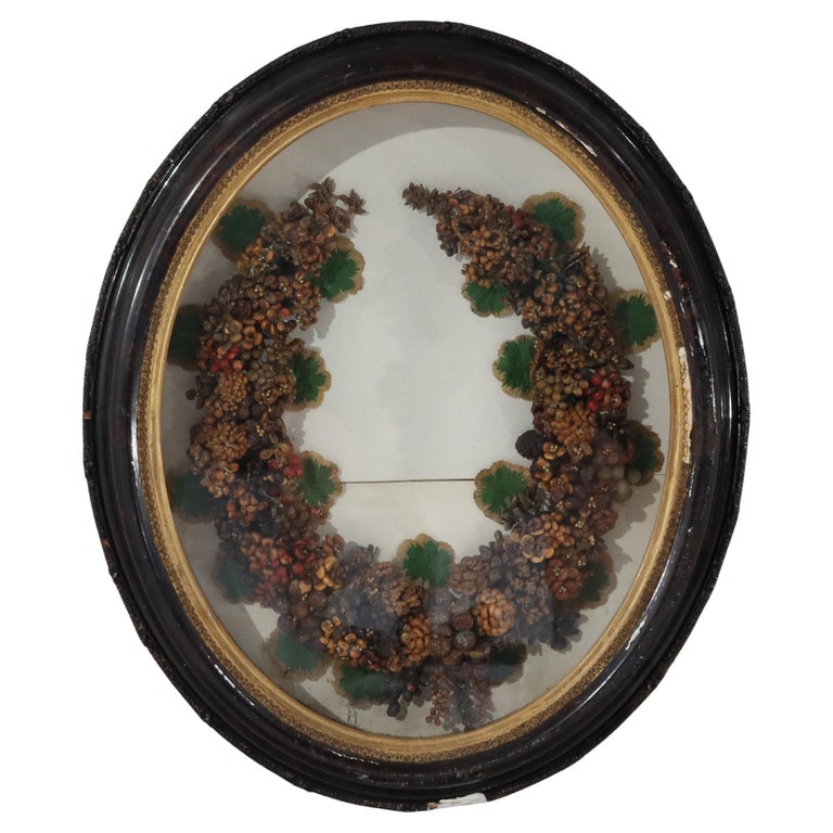 Antique Victorian Shadow Box Wall Hanging With Wax Wreath C1900