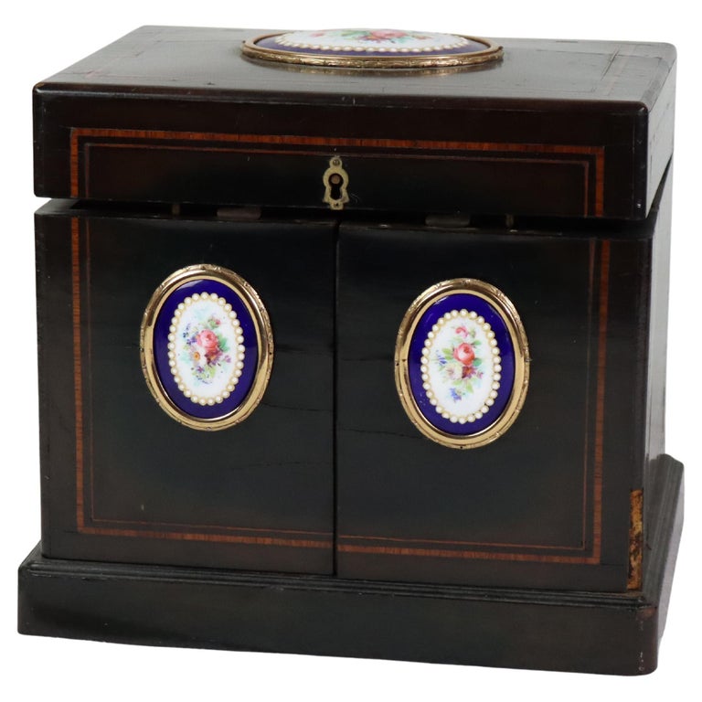 Antique Ebonized & Inlaid Humidor With Sevres Floral Porcelain Plaque c1890