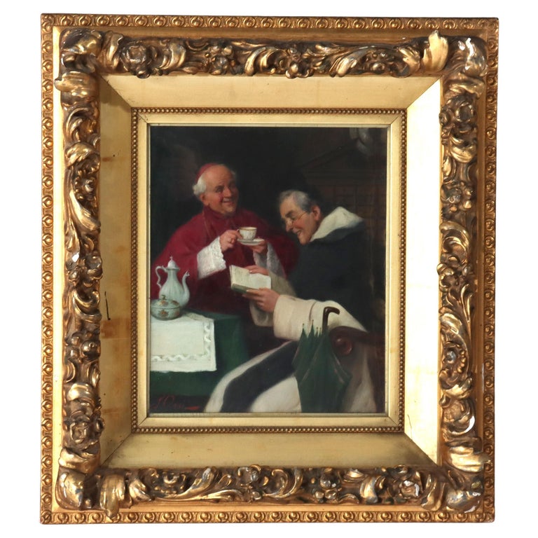 Oil On Canvas Genre Scene Painting Of 2 Cardinals By J. Orsi C1890
