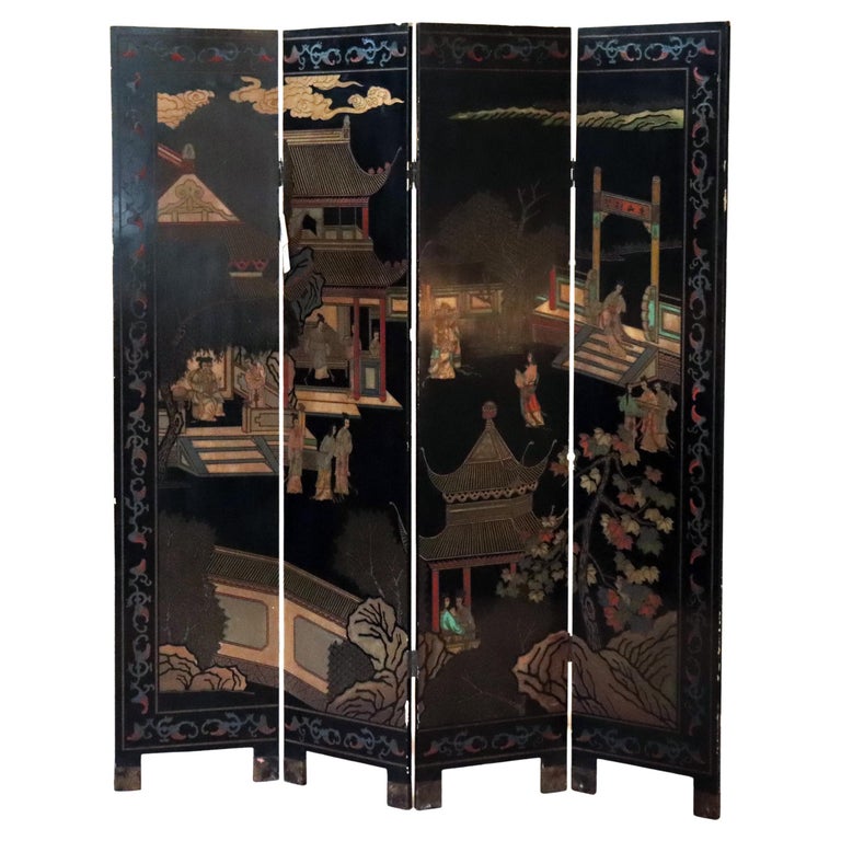Antique Chinese Carved, Ebonized & Hand Painted Four-Panel Dressing Screen c1930