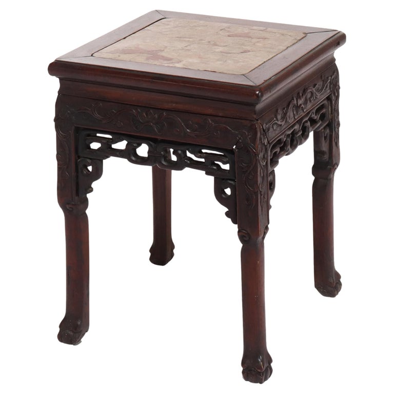 Antique Chinese Carved Hardwood Rouge Marble Top Table C1920