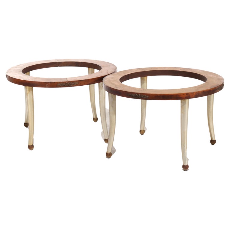 Pair Mid Century Modern Wood, Metal & Brass Round Side Table Bases 20thC