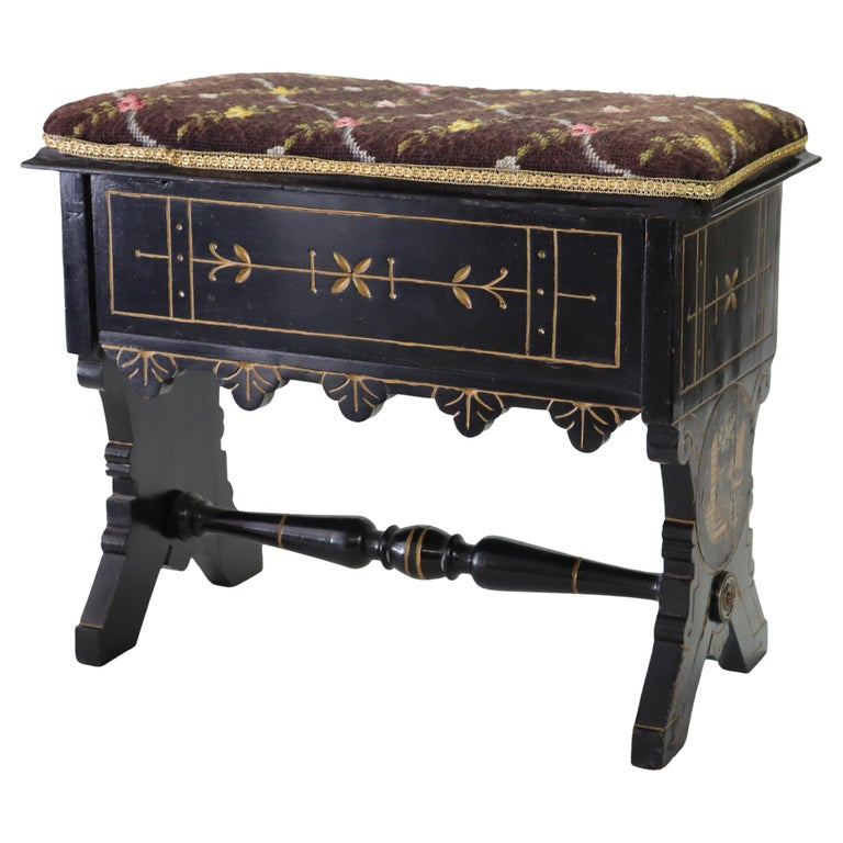 Aesthetic Movement Ebonized & Gilt Needlepoint Footstool With Handpainted Panels