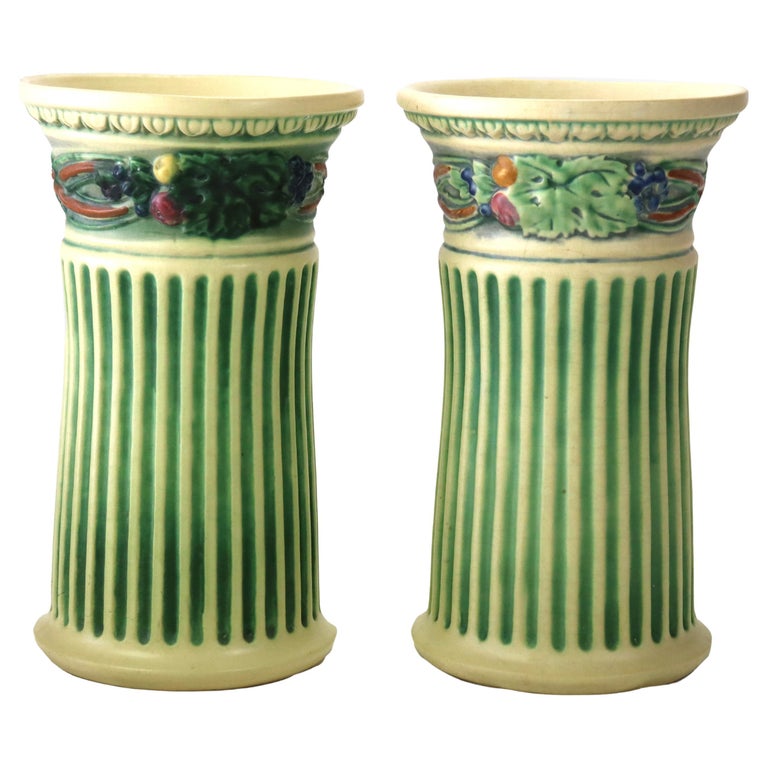 Pair Of Antique Roseville Art Pottery Vases With Corinthian Pattern c1930
