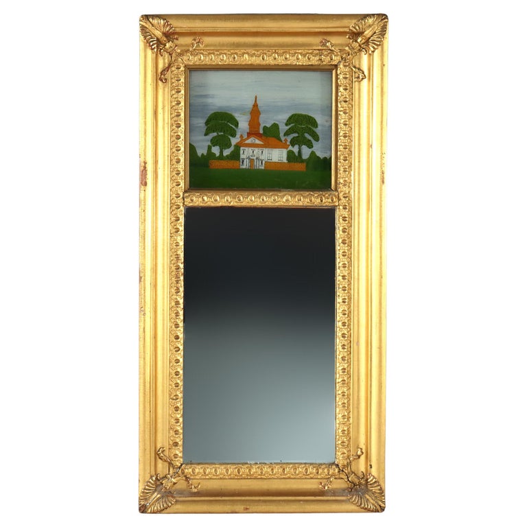Antique Federal Trumeau Reverse Painted Gilt Wood Mirror Unsigned 19thC