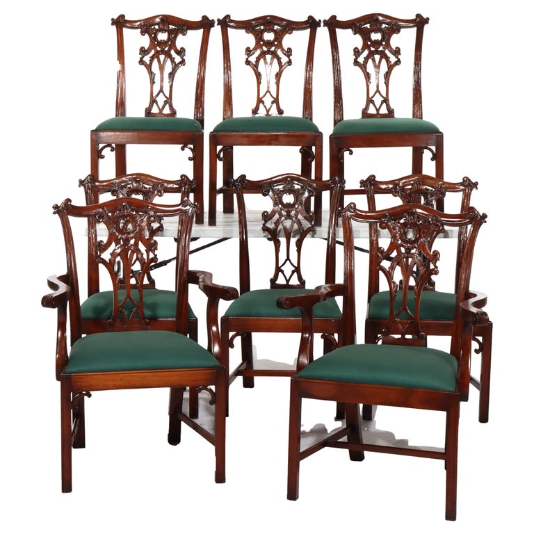 Eight Antique Chippendale Carved Mahogany Ribbon Back Dining Chairs