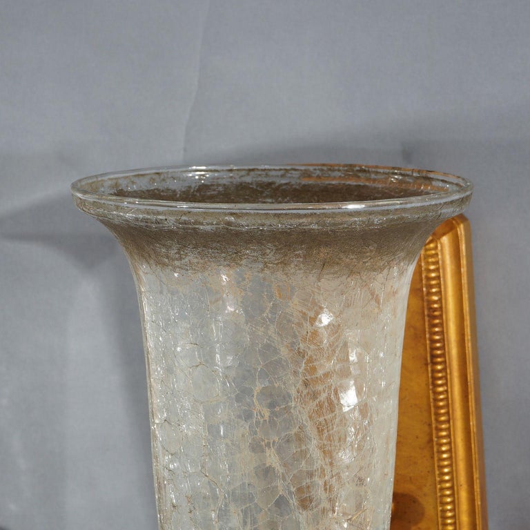 Pair Mid-Century Modern French Style Fleur-de-lis Crackled Glass Wall Sconces