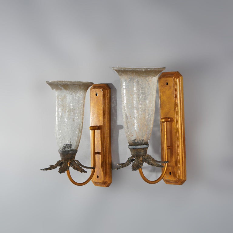 Pair Mid-Century Modern French Style Fleur-de-lis Crackled Glass Wall Sconces