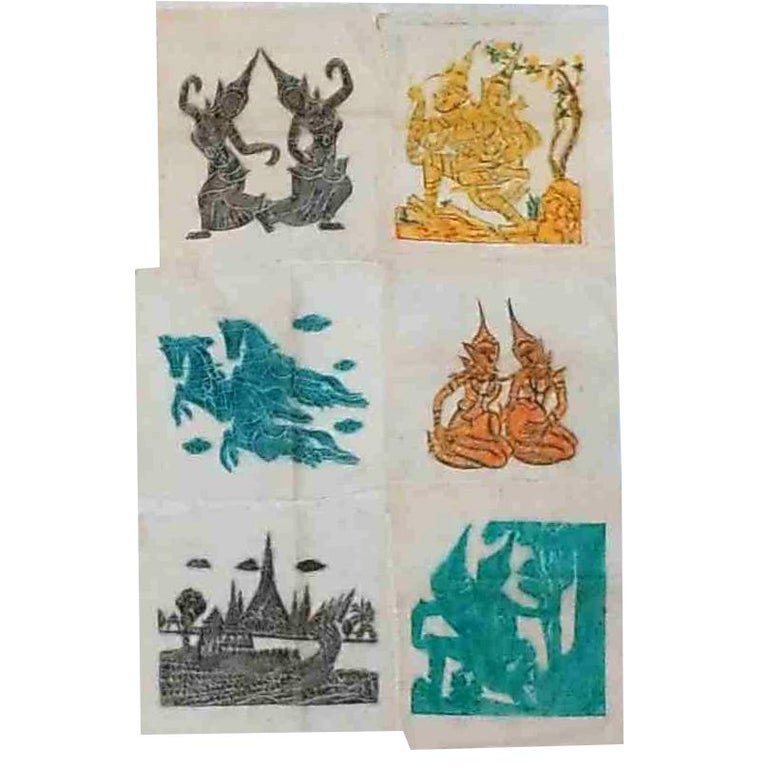 Antique Asian Siamese Impressions on Canvas with Watercolor C1920