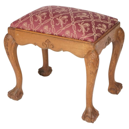 Chippendale Style Carved Oak Claw & Ball Foot Upholstered Bench 20thC