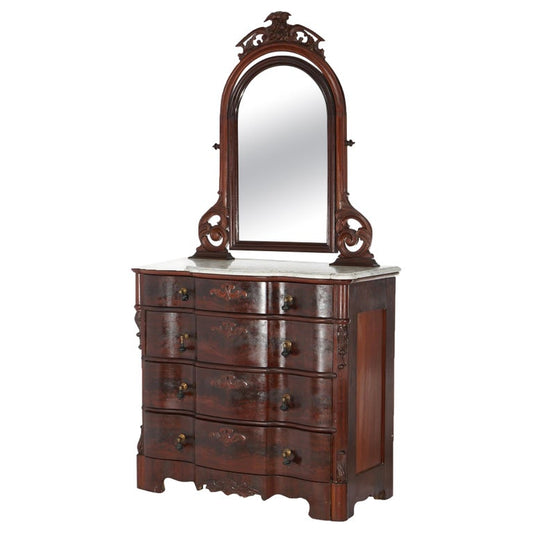 Antique Victorian Flame Mahogany Swell Front Mirrored Chest of Drawers c1860