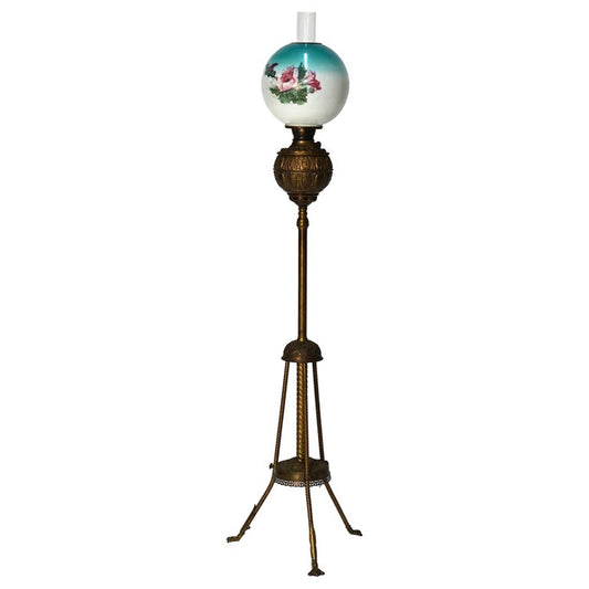 Antique Brass Telescoping Piano Oil Lamp & Hand Painted Floral Shade c1890