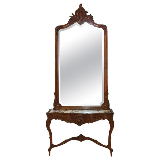 Antique French Rococo Style Carved Walnut & Marble Mirrored Console, c1880