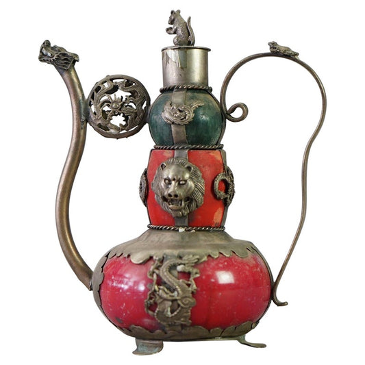Chinese Porcelain Miniature Teapot with Silver Overlay 20thC