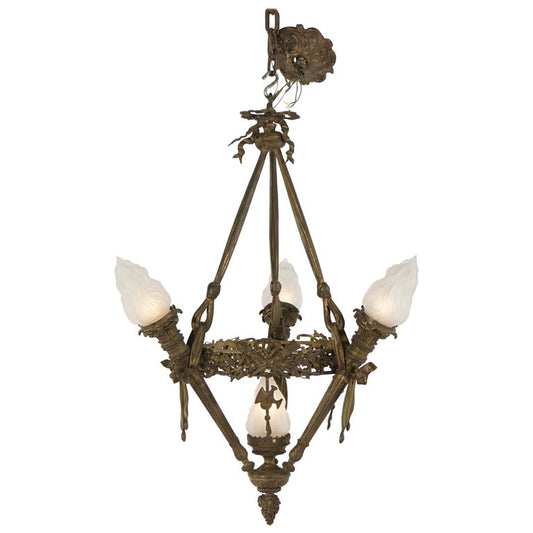 Antique Gilt Bronze French Empire Figural Four Light Torch Hanging Fixture C1920