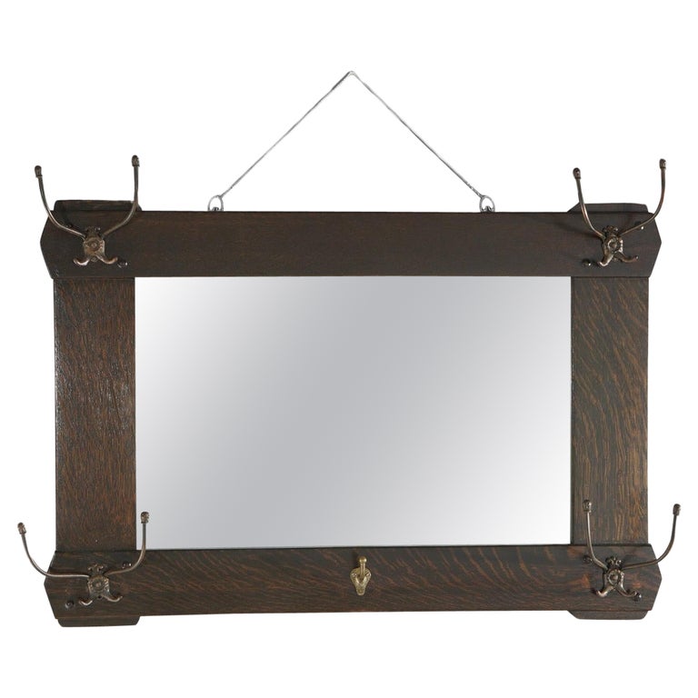 Antique Arts & Crafts Stickley Brothers School Oak Hall Mirror & Hat Hooks c1910