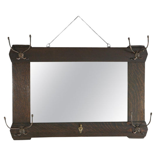 Antique Arts & Crafts Stickley Brothers School Oak Hall Mirror & Hat Hooks c1910