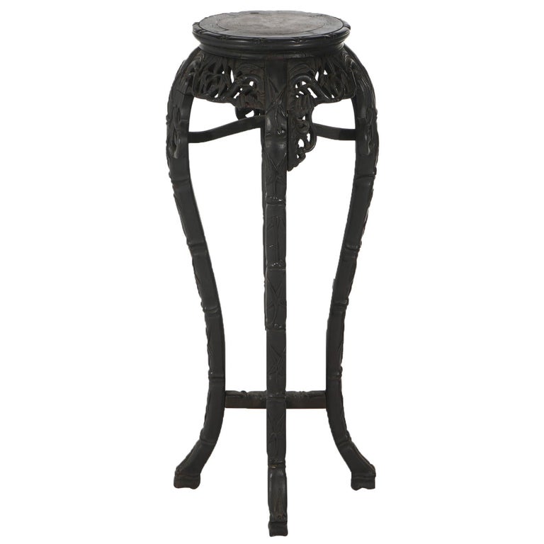 Antique Chinese Tall Carved Hardwood & Rouge Marble Table C1910