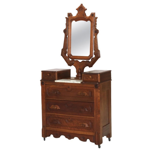 Antique Victorian Carved Walnut Marble Top Dresser with Mirror C1890