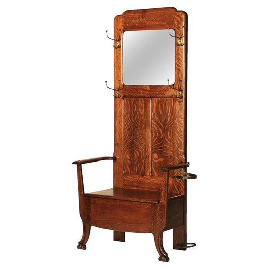 Antique Stickley School Arts & Crafts Oak Hall Seat with Mirror & Hook c1920