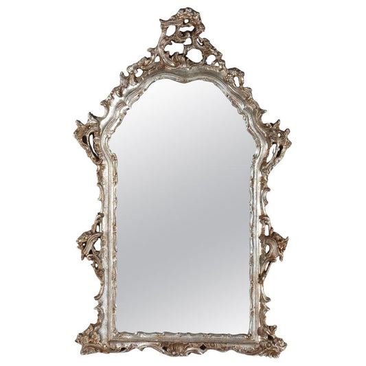 Vintage French Louis XIV Rococo Floral Silver Carved Wood Mirror c1950