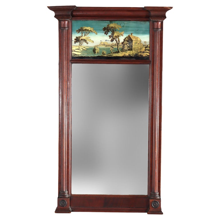 Antique Federal Mahogany Veneer Mirror With Englomise Landscape Panel c1830