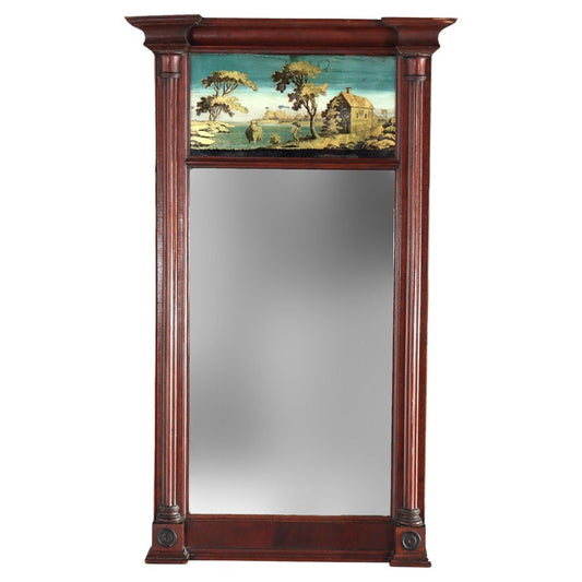 Antique Federal Mahogany Veneer Mirror With Englomise Landscape Panel c1830